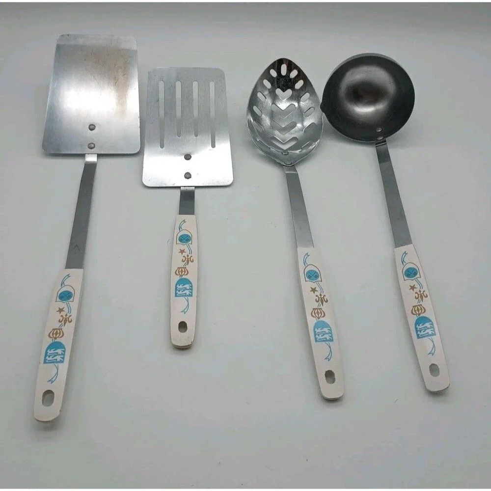Vtg Stainless Steel Kitchen Utensils Short Spatula Slotted Spoon Blue Gold Crown